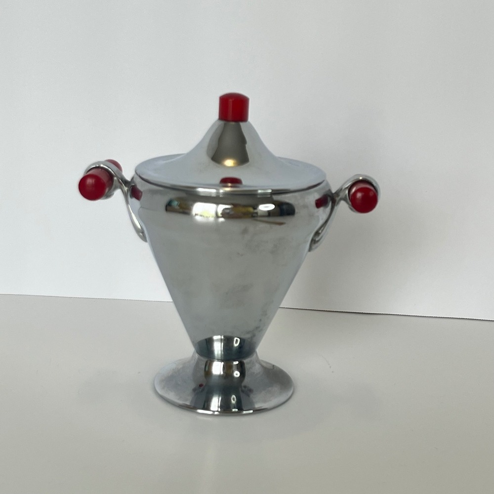 Vintage Manning Bowman Art Deco Chrome Sugar Bowl Red Catalin Bakelite Handles